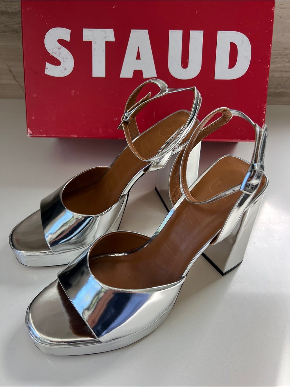 Staud solange platform chrome silver metallic reflective mirror open toe heels